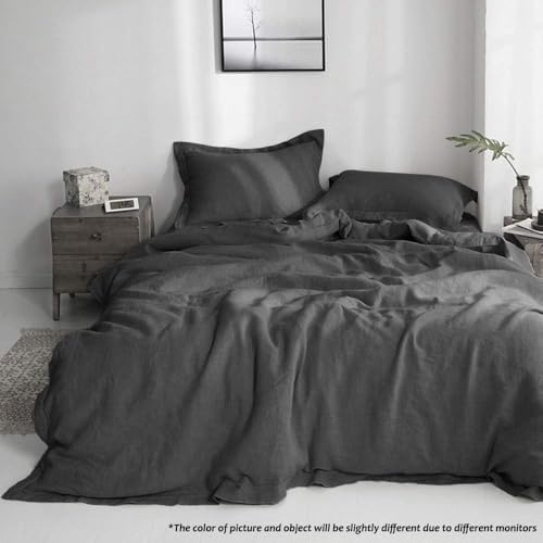 Simple&Opulence 100% Linen Duvet Cover Set with Embroidery Washed - 3 Pieces (1 Duvet Cover with 2 Pillow Shams) with Button Closure Soft Breathable Farmhouse - Dark Grey, King Size - Image 5