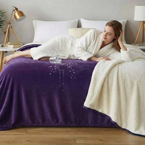 Tisancy Waterproof Gray Blanket for Dog Cat Puppy, 80''x 80'' Double Side Leakproof Reversible Double Side Sherpa Flannel Fleece 3 Layer Lightweight Blanket, Absorb 70oz(PurpleWhite), Machine Washable by Tisancy
