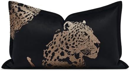 Luxury Black Velvet Lumbar Pillow Covers 12x20'' inches, Hand-Embroidered Brown Cheetah Face Decorative Throw Pillow Case, Modern Glam Home Accent with Hidden Zipper for Living Room by AIBUHOME