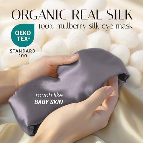 Silk Sleep Mask Soft Pressureless: 100% Mulberry Silk for Eye Skin Anti Wrinkles, Large Size for Total Blackout, Adjustable Wide Velcro Ear Cover, Charcoal - Image 3