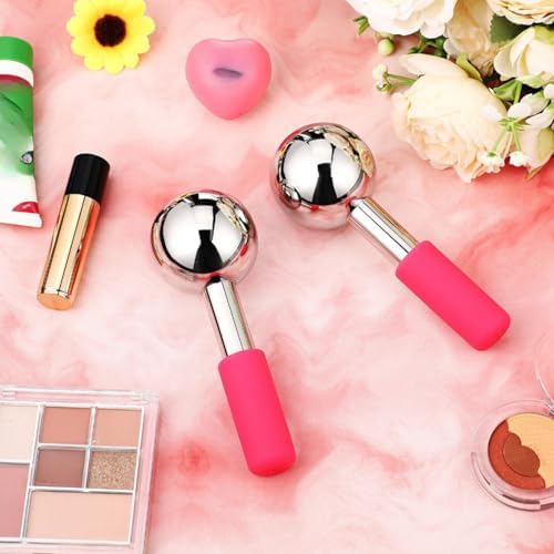 Baderke 2 Pcs Ice Globes for Face Stainless Steel Cooling Globes Unbreakable Cooling Roller Women Ice Balls Cryo Sticks Facials Skin Care for Dark Circles, Puffiness(Silver (Pink Handle)) - Image 6