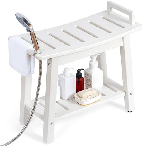 FLyjoe 24 INCH Extra Large Shower Bench for Inside Shower Shaving Legs, Waterproof HDPE Shower Chair Seat with Storage Shelf and Handles Spa Shower Stool for Bath Tub Bathroom Use, White by FLYJOE