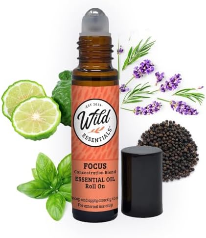 Wild Essentials Focus Essential Oil Roll On, 10ml for Concentration, Clarity, Study, Work, 100% Pure, Premium Grade Essential Oils and Organic Jojoba Oil, Ready to Use, Moisturizer, All Natural by WildEssentials