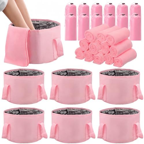 FillTouch 12 Set/ 24 Pcs 15L Foldable Foot Soaking Tub Kit Portable Foot Bath Tub for Soaking Feet with Towel and Storage Bag Soak Spa Bucket for Travel Camping (Pink) by FillTouch