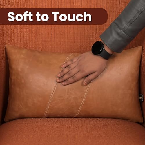 LL LEATHER LOVERS 100% Lambskin Leather Pillow Cover 22x30 Inch – Hand-Stitched Cushion Case with Hidden Zipper, Decorative Throw Cover for Sofa, Bed and Living Room - Rusk Camel Panel Pack of 1 - Image 4