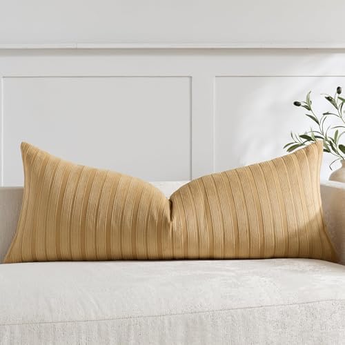 DEZENE 14x36 Mustard Yellow Lumbar Pillow Covers Soft Striped Corduroy Spring Summer Rectangular Long Body Pillow Cases for Couch Sofa Bedroom Living Room Home Decor by DEZENE