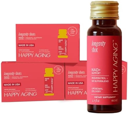 Happy Aging Liquid NAD+ Resveratrol Supplement, NMN Alternative, Liposomal Nicotinamide Riboside & Antioxidants for Energy Support, Brain Health, Firm Skin, Twice Weekly Use, 30 Shots by HappyAging