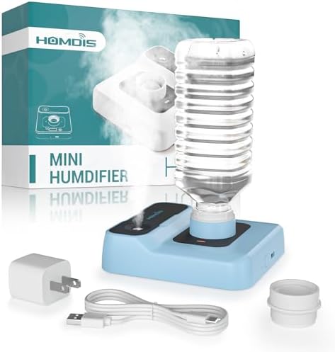 Travel Humidifier, Portable Humidifier for Plants, Bedroom, Office, Hotel or Car, Battery Operated Mini Cool Mist Humidifiers, Quiet 23dB, Auto-off, Night Light & BPA-Free, Light-Blue by HOMDIS