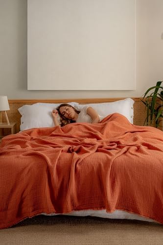 Muslin Blanket - Pure 100% Turkish Cotton Airy Soft Light Versatile Gauze Throw Blanket for Bed, Couch, Sofa (Brick, Twin XL Size (71" x 95" inch)) by RAYMETEKSTIL