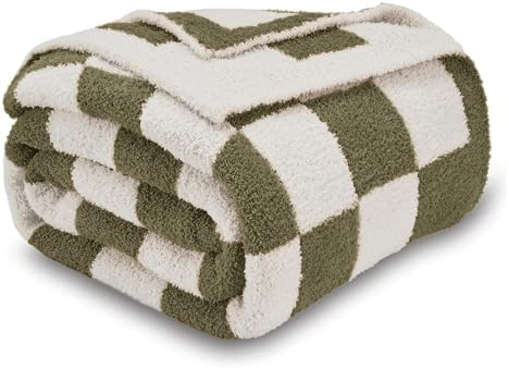 CozeCube Olive Green White Reversible Checkered Knit Throw Blanket 50"x60" by CozeCube