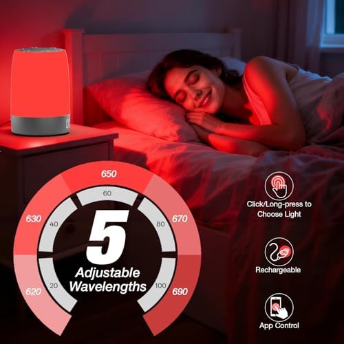 Red Light Therapy Lamp for Sleep, Bestkid 5-Level Night Light Red for Adult Kids, White Noise Sound Machine with APP Control Alarm Clock Timer for Bedroom, Stress Relief, Relaxation, 620-690nm - Image 4
