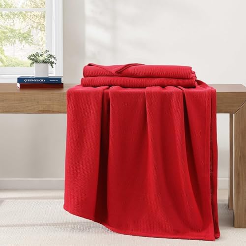Tommy Hilfiger - Queen Cotton Blanket, Textured Pique Weave Bedding, Medium Weight Soft Blanket, Anti-Pilling & Fade Resistant, Ideal for Layering, Oeko-TEX Certified (Red) - Image 3