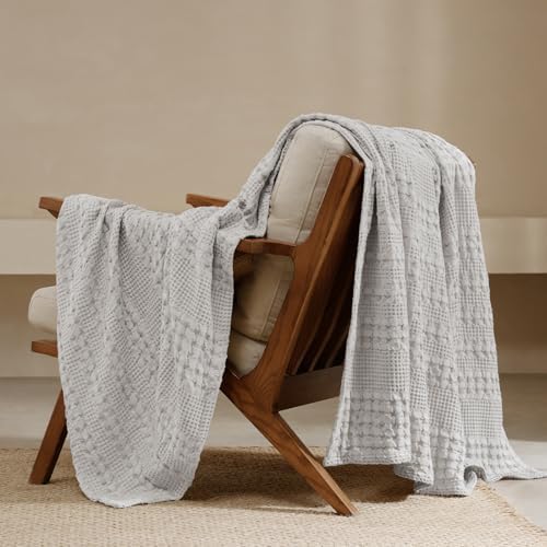 PHF Lightweight 100% Cotton Waffle Throw Blanket for Couch, Light Grey by PHF