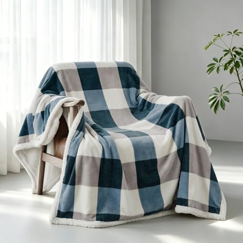 PU MEI Sherpa Fleece Throw Blanket 60" x 80" Reversible Plush Fluffy Large Big Blanket Lattice Flannel Blankets for Sofa Couch Bed (Grey-Soft Blue, 60"*80") - Image 6