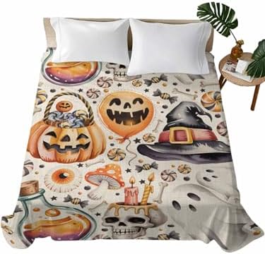 Halloween King Flat Sheet Candy Pumpkin Flat Sheets Only Soft Bedding Top Sheets Luxury Hotel Quality Witch Hat Eyeball Skull Ghost Linen King Bed Sheet for All Season Bedroom Dorm Halloween Decor by LooPoP