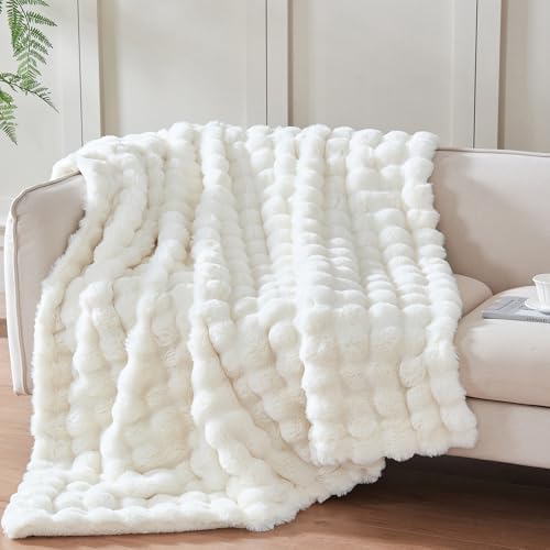 50x60 Inches Ultra-Soft Fuzzy Faux Fur Plush Throw Blanket - Thick, Warm Sherpa for Couch, Sofa, Bedroom, Camping - Decorative Blanket for Cozy Warmth, Bubble Ivory White by Serenhom
