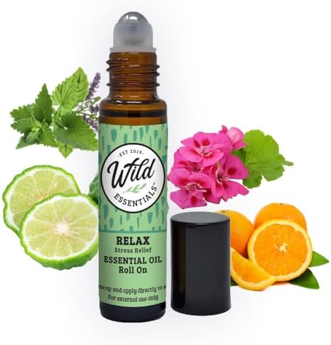 Wild Essentials Relax Essential Oil Roll On, 10ml for Calming, Anti-Stress, Meditation, Made With 100% Pure, Premium Grade Essential Oils and Organic Jojoba oil, Ready To Use, Moisturizer, All Natural by WildEssentials
