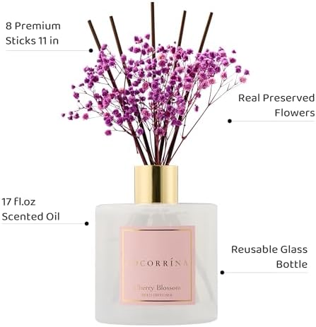 COCORRÍNA Reed Diffuser - Cherry Blossom 17 Fl.oz Reed Diffuser with 8 Sticks Scented Diffuser with Preserved Flowers for Bathroom Home Decor - Image 3