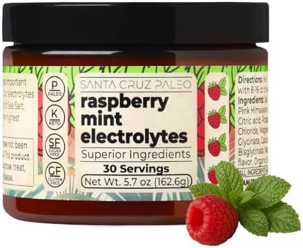 Santa Cruz Paleo Electrolyte Powder, Raspberry Mint Flavor, Sugar Free Hydration Drink Mix with Himalayan Pink Salt, Sea Salt, Magnesium Glycinate, Potassium Chloride, Sweetened with Stevia, 30 Srvgs by SantaCruzPaleo