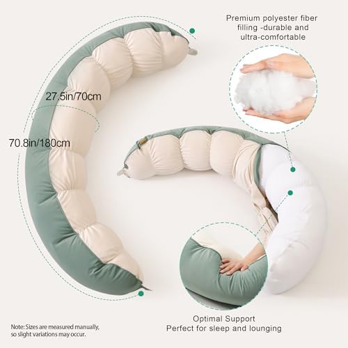 Peallow(Pat. Pend) – Long Round Body Pillow for Adults, Bolster Pillow for Sleeping, Soft and Supportive Pillow for Sleeping & Lumbar Support (Green-White, 59") - Image 3