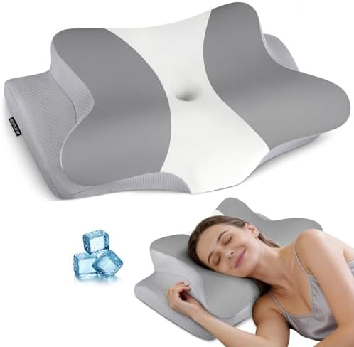 Cervical Pillow for Neck Pain Relief, Ergonomic Neck Pillow for Sleeping, Contour Side Sleeper Pillow for Neck Support, Orthopedic Cooling Memory Foam Pillows for Back Stomach Sleepers (Grey& White) by BESPILLOW