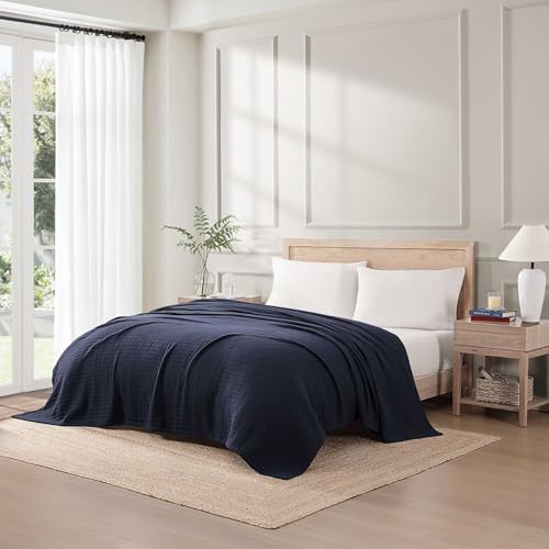 Tommy Hilfiger - King Size Blanket, 100% Woven Cotton Bedding, Medium Weight for Year Round Comfort, Throw Blanket for Couch & Bed (Essential Weave Navy) - Image 2