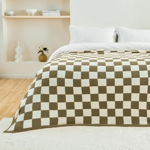 CozeCube Olive Green White Reversible Checkered Knit Throw Blanket 50"x60" - Image 7