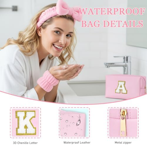Makeup Gift Set – Initial Cosmetic Bag, Pink Spa Accessories, Satin Eye Mask & Headband; Spa Party Supplies for Girls, Sleepover Party Supplies Gifts for Teen Girls Bridesmaid - Image 4