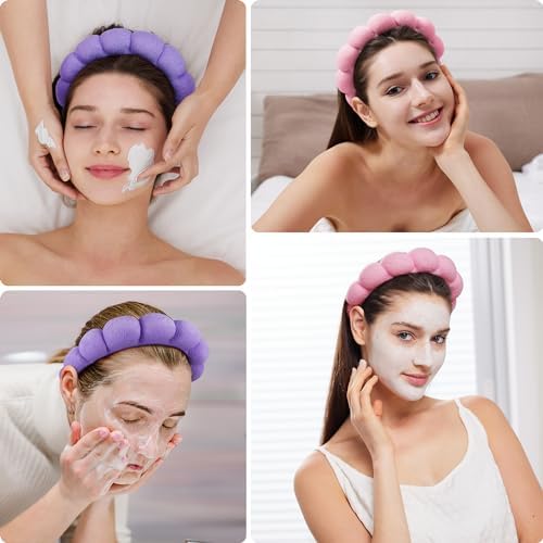 Spa Facial Headbands Combo Pack - 2 Terry Cloth Makeup Headbands for Face Washing, Masks, and Skin Treatments (Pink + Purple) - Image 3