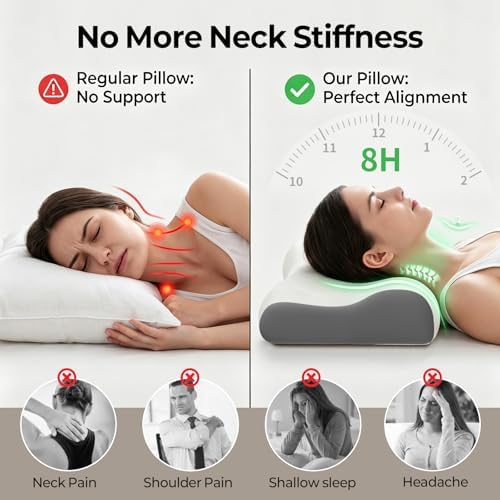 Polovo Cervical Neck Pillow - Ergonomic Side Sleeper Pillow for Pain Relief, Contour Memory Foam Pillows for Deep Sleep, Orthopedic Cooling Pillow Bed Pillow for Side Back Stomach Sleepers(White&Grey) - Image 3
