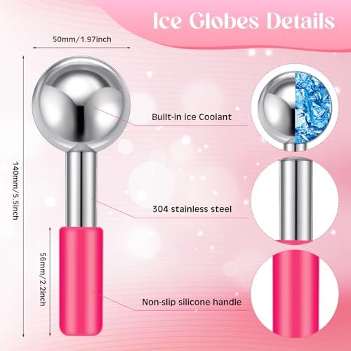 Baderke 2 Pcs Ice Globes for Face Stainless Steel Cooling Globes Unbreakable Cooling Roller Women Ice Balls Cryo Sticks Facials Skin Care for Dark Circles, Puffiness(Silver (Pink Handle)) - Image 2