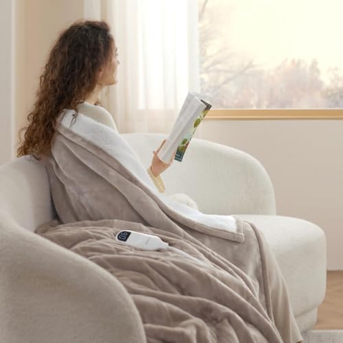 Bedsure Heated Blanket Throw, Soft Electric Blanket with Preheat, Taupe - Image 4