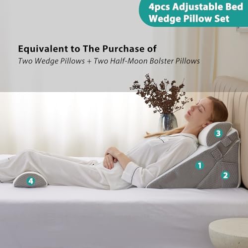 Bedluxe Adjustable 4pcs Bed Wedge Pillow Set, Memory Foam Wedge Pillows Post Surgery for Back, Neck, Leg Pain Relief, Pillow Wedge for Sleeping, Sitting up in Bed, Acid Reflux and GERD, White/Grey - Image 6