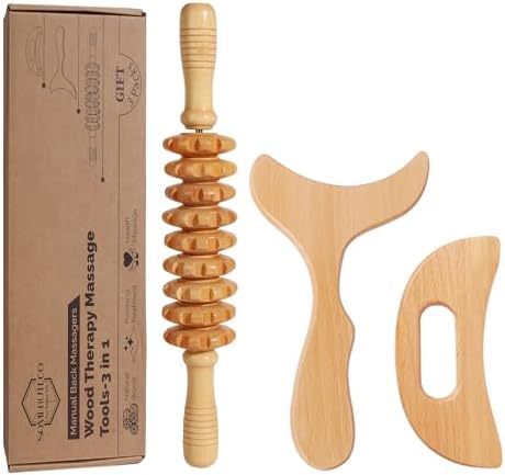 SAMEBUTECO 3 Packs Manual Wooden Fascia Massage Roller, Lymphatic Drainage Massager and Gua Sha Tool Set for Body Release Cellulite Anti Cellulite and Relieve Muscle Fatigue by HOME