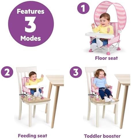 Bright Starts Pop 'N Sit Cabana Baby Beach Portable Booster Chair with UPF Canopy, Floor Seat for Indoor/Outdoor Use, Compact Fold, Pink, 6 Months–3 Years - Image 3