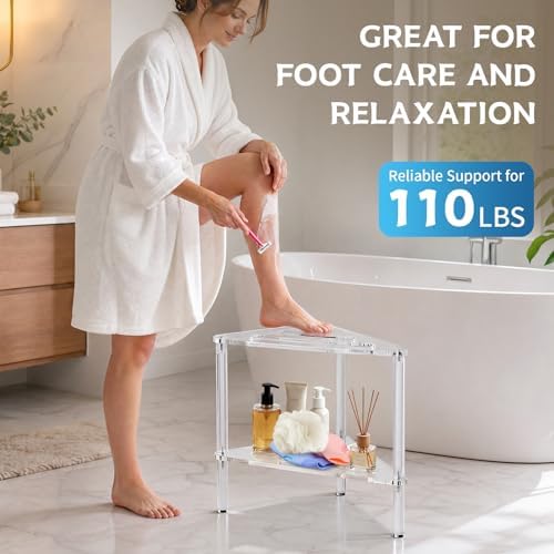 Acrylic Corner Shower Stool for Shaving Legs - Clear Triangle Shower Stool with 2-Tier Storage Shelf - Modern Bathroom Step Stool - Includes 1 Bath Sponge & 2 Shower Loofahs for Exfoliation - Image 5