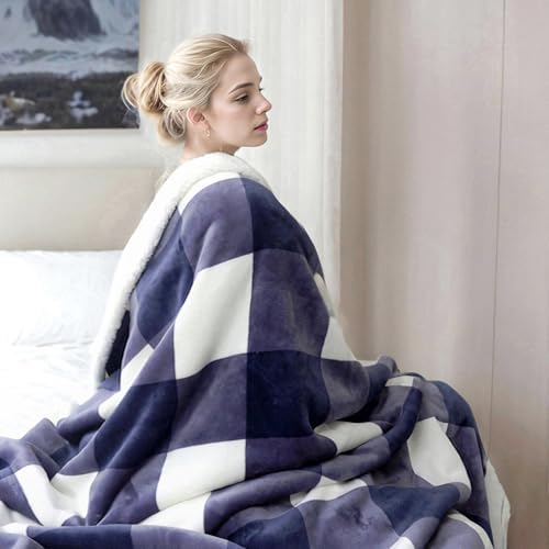 PU MEI Sherpa Blanket Fleece Throw Blanket Full Queen Plaid Thick Bed Blanket, Soft Warm Cozy Blue Checkered Throw Blanket 80"*90" - Image 2