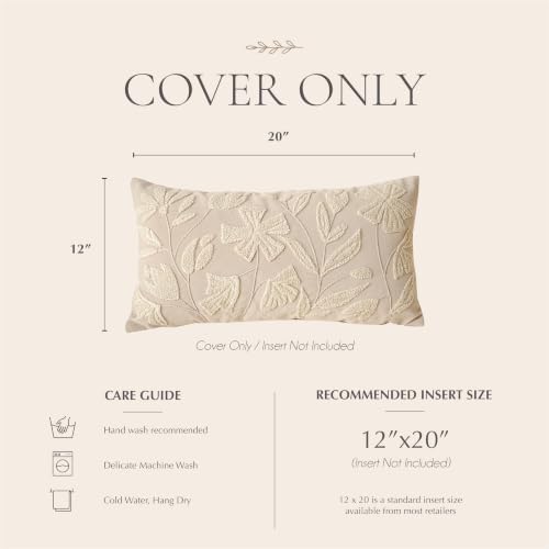 BlissBlush Decorative Lumbar Pillow Cover 12x20, Beige Neutral Accent Velvet Throw Pillowcase for Couch Sofa Living Room, Floral Tufted Rectangular Cushion, Cover Only - Image 6