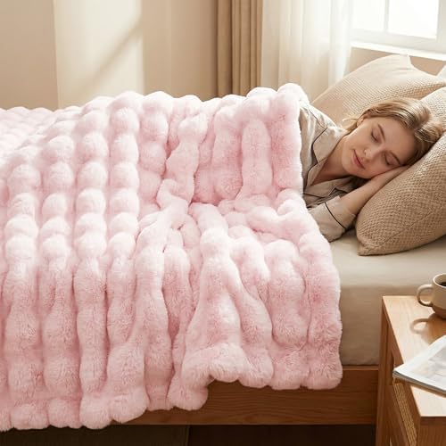 DREAMNINE Soft Faux Bubble Rabbit Fur Blanket Twin Size, Thick Cozy Decorative Warm Fuzzy Fur Blanket for Bed Couch Sofa Chair Bedroom Living Room Dorm Gift, 60 * 70 Inches, Pink by DREAMNINE