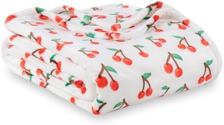 Berkshire Blanket-Classic Heavyweight Soft Printed VelvetLoft® Plush Blanket, Full/Queen Size Soft Fuzzy Warm Blanket for Couch Sofa Bed, Cherries Toss White, 90in x 90in by BerkshireHomeCompany