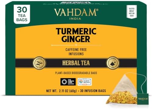 VAHDAM, Turmeric Ginger Herbal Tea Bags (30 Pyramid Tea Bags) Caffeine Free, Non GMO, Gluten Free | 100% Pure Herbal Blend - Savory & Spicy | Individually Wrapped Pyramid Tea Bags | Direct from Source by Unknown