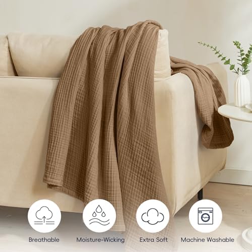 PHF 100% Cotton Muslin Blanket Twin XL Size 66"x90", 4-Layer Lightweight Gauze Throw, Breathable Cloud-Soft Minimalist Blanket for Bed, Couch, Camping & Baby, Coco Brown, Ideal Gift - Image 5