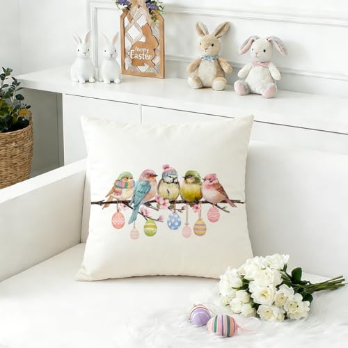 RABUSOFA Easter Pillow Covers 18x18 inch Easter Decorations Pink Birds Colorful Eggs Throw Pillows for Bedroom Sofa Holiday Festivals Home Decor - Image 3
