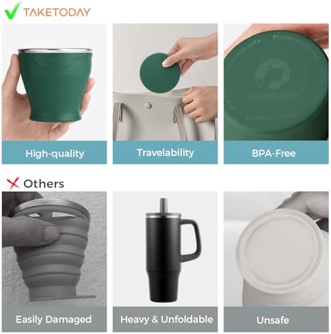 TakeToday Collapsible Cup 8 oz, Foldable with Lid for Travel, Dark Green - Image 2