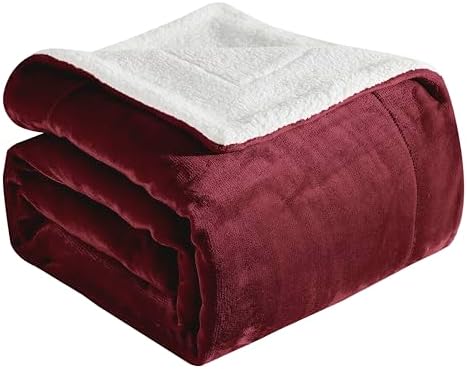 Elegant Comfort Ultra Soft Reversible Flannel Sherpa Blanket - Cozy Silky Fleece Throw for Couch, Bed - Plush Fuzzy Warm Winter Blanket for Gift, Full, Burgundy by ELEGANTCOMFORT