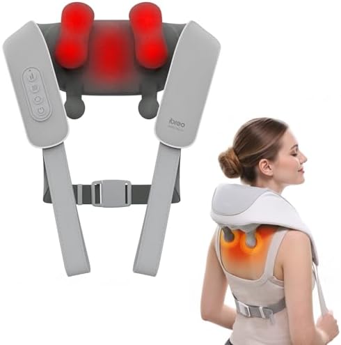 Cordless Shiatsu Neck and Back Massager with Heat, 10 Mins x 12 Uses, 3 Massage Modes & 2 Intensity Levels, 3D Kneading Deep Tissue for Pain Relief, Voice Prompt & Smart Memory, Relax for Women, Men by ibreo
