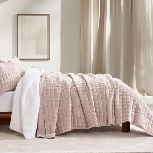 RECYCO Channel Box Stitch Velvet Quilt Set, Twin/Twin XL Size, Rose Pink by RECYCOHOMECOLLECTION