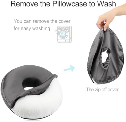 Washable Silky Satin Ear Piercing Pillow with Removable Pillowcase Smooth Cooling Donut Pillows Hole for Ear Pain Relief CNH Sleeping Pressure Sore Side Sleepers Ear Guard Protector, Dark Gray Cover - Image 2