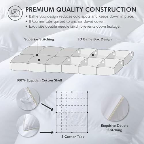 Luxurious White Solid Heavy Weight, Oversize Queen Goose Feathers Down Comforter for Winter Weather Duvet Insert, Premium Baffle Box, 100% Egyptian Cotton Cover, 70 oz. Fill Weight - Image 4