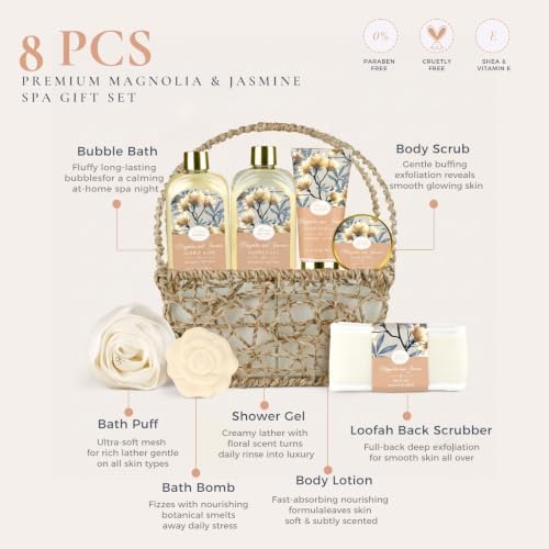 Gift Basket for Women, 8pcs Magnolia & Jasmine Spa Gift Baskets for Women - Image 2